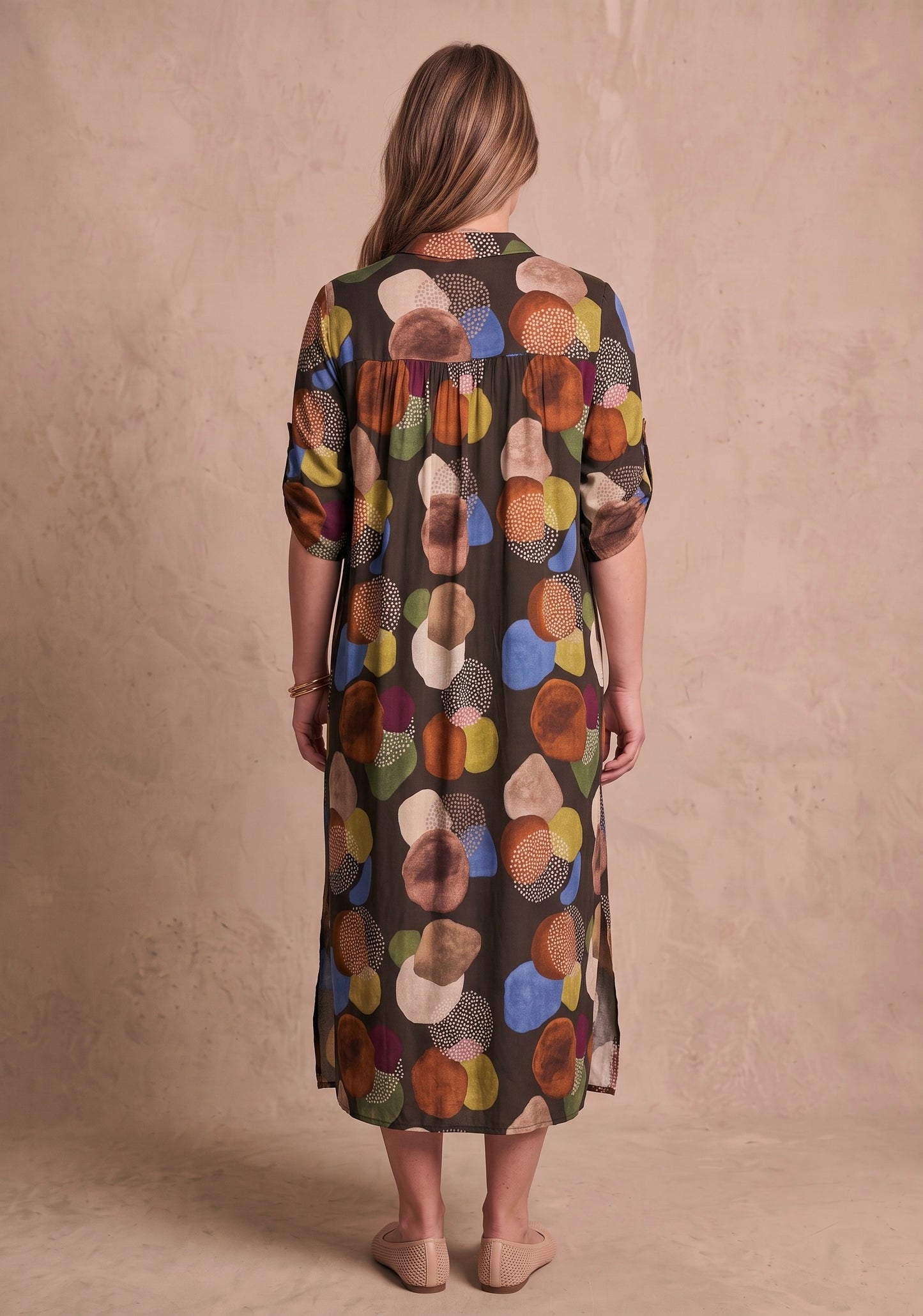 Curve - Robe chemise longue imprimée col tunisien manches 3/4 - Carmen
