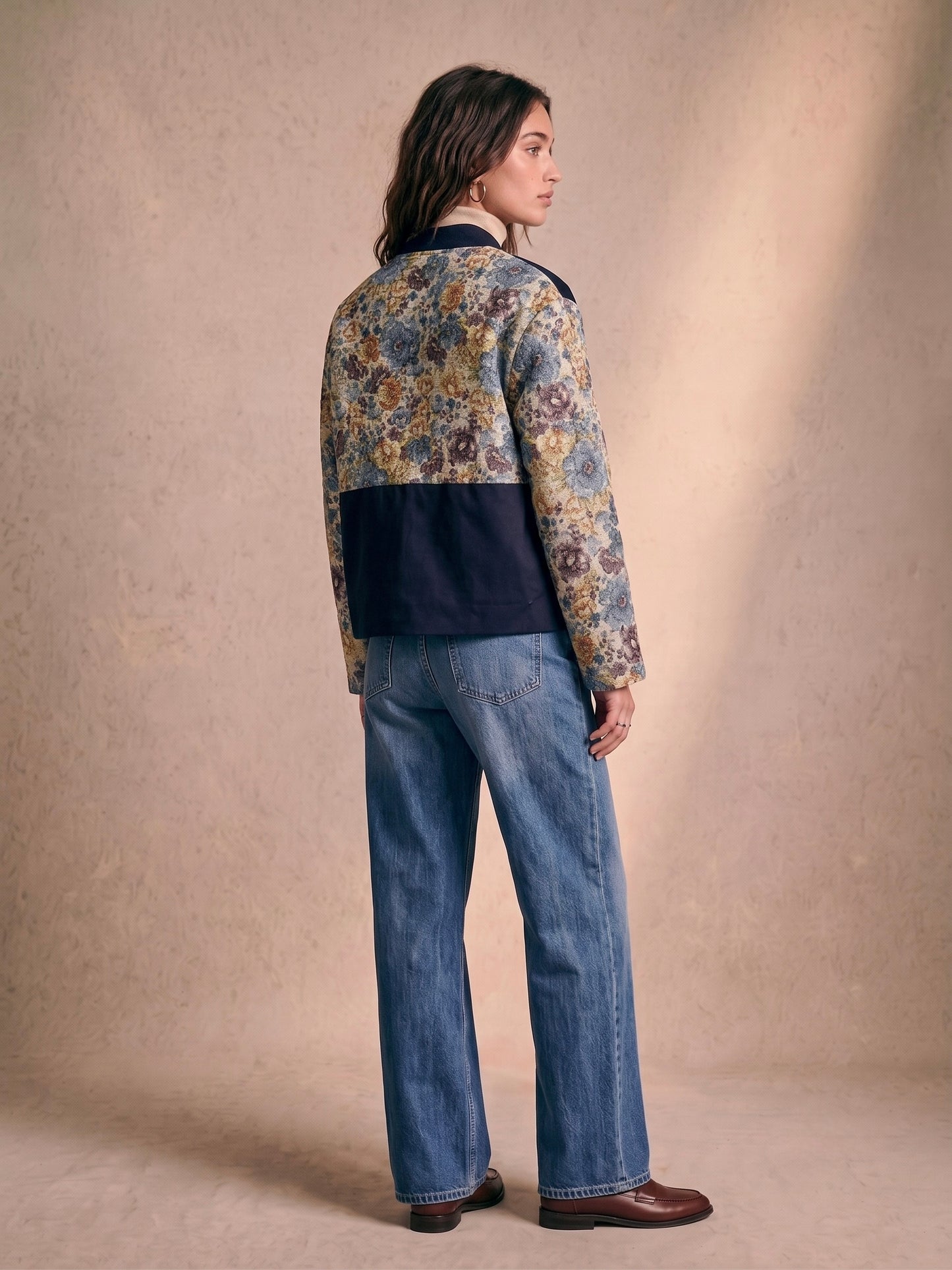 Veste bomber bi-matière imprimé fleuri col montant zippée en coton - Elena
