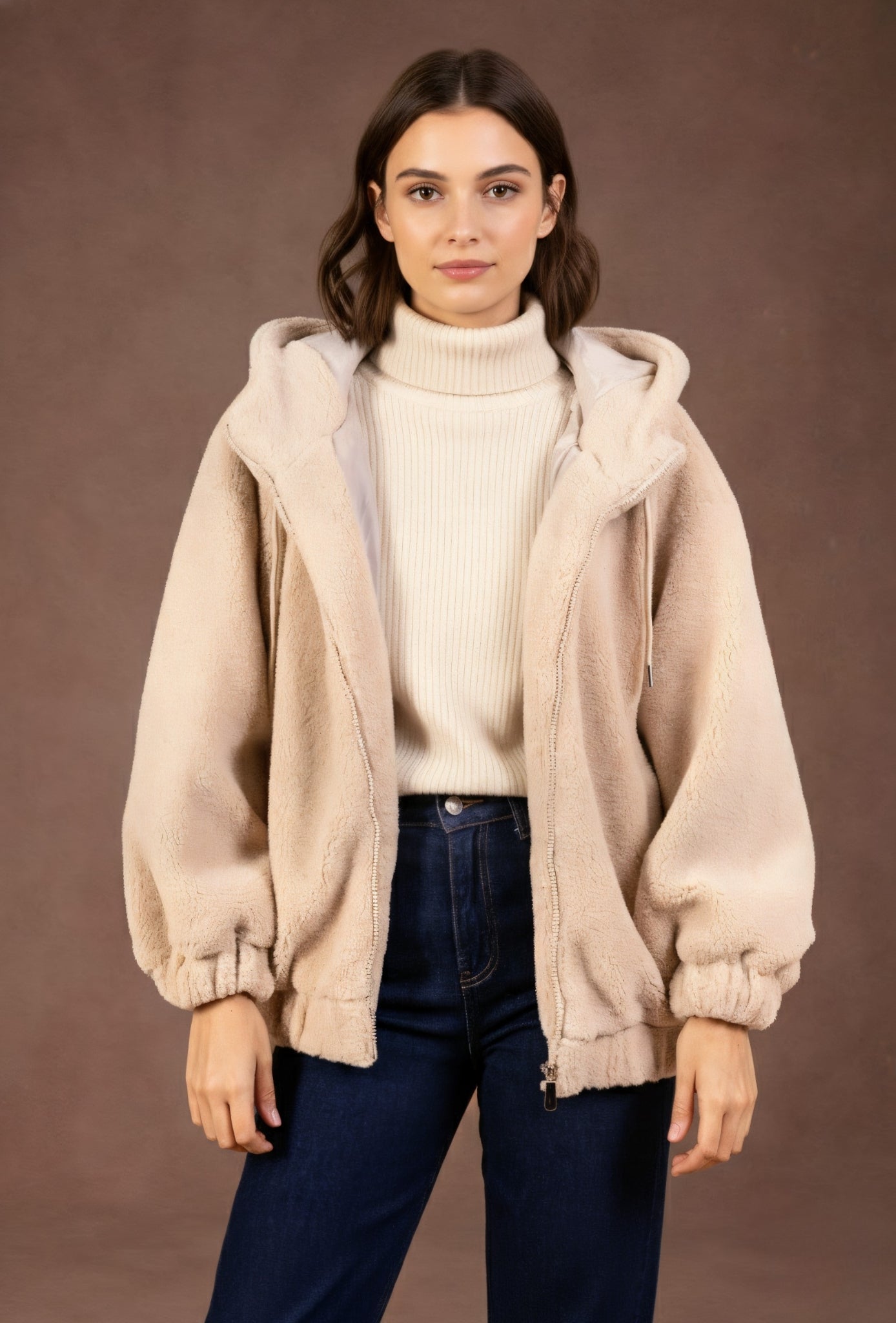 Veste à capuche bouclette - Moka