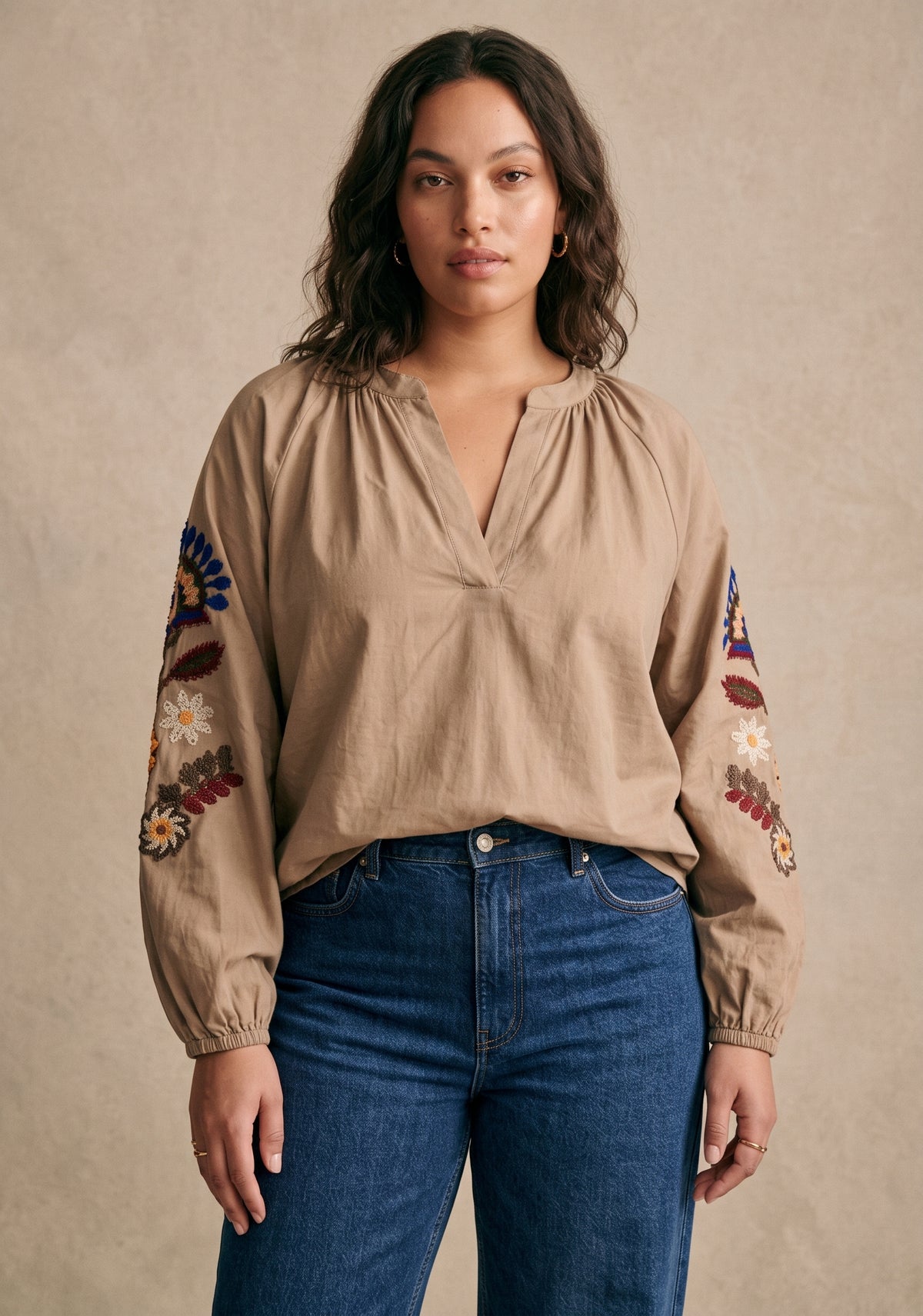 Curve - Blouse ample manches brodées col tunisien  - Alix