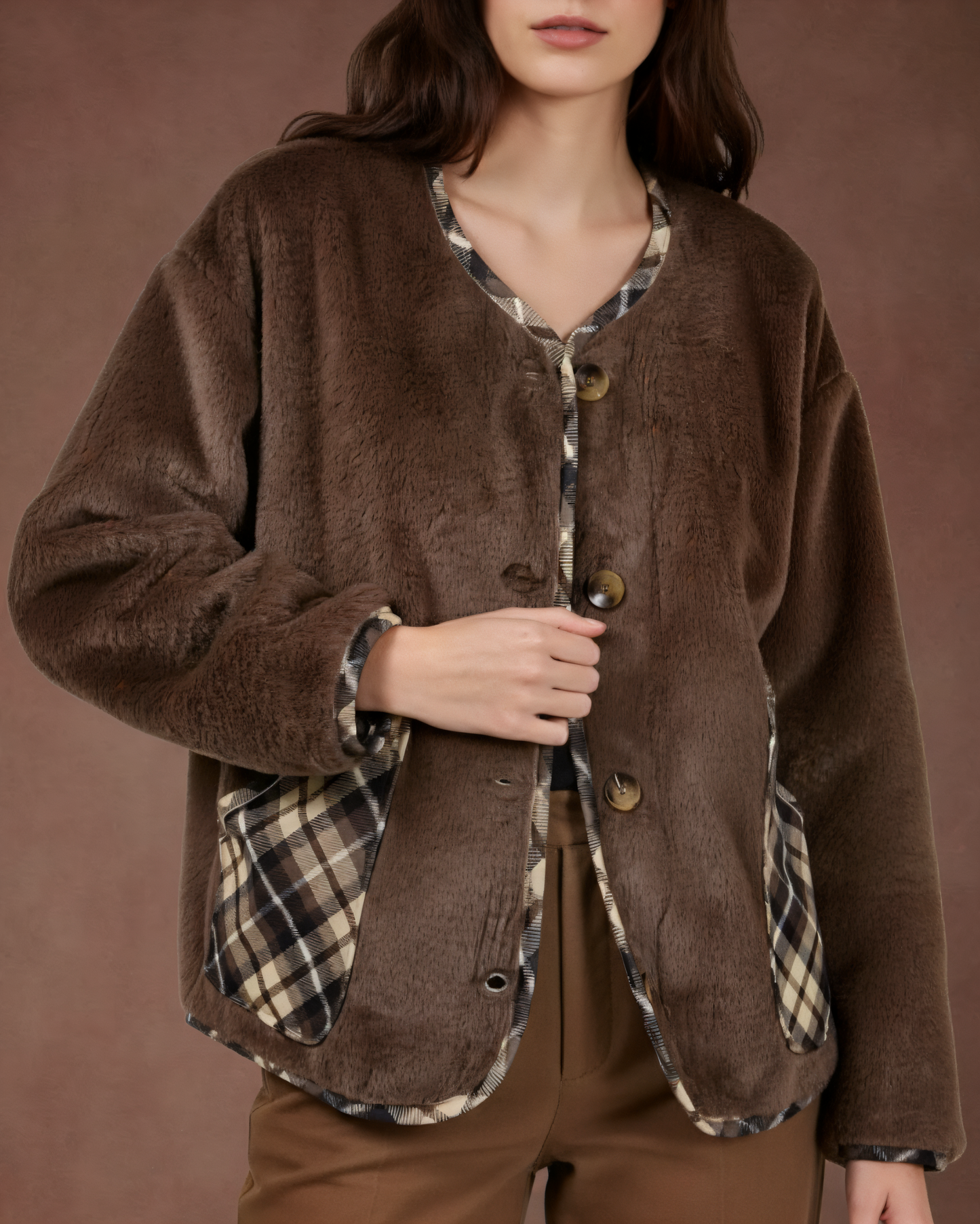 Veste fourrure avec detail carreaux - Linaé