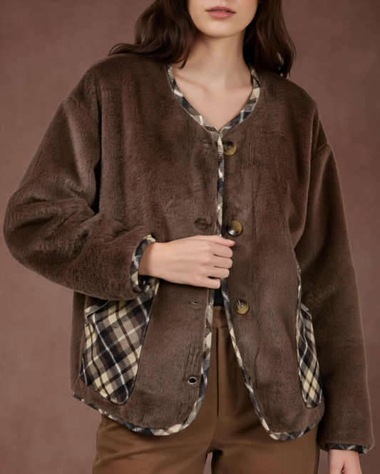Veste fourrure avec detail carreaux - Linaé