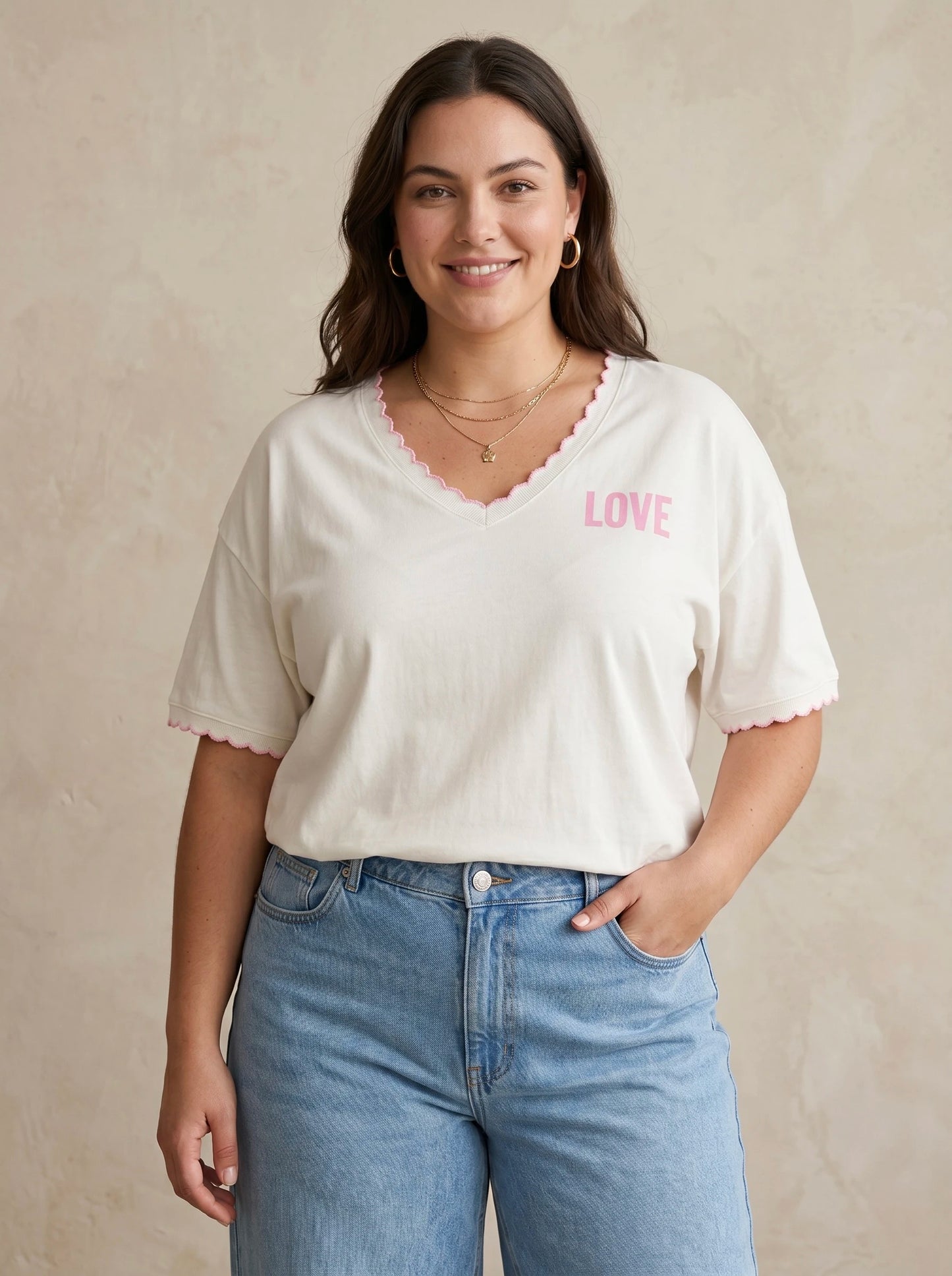 Curve - T-shirt blanc LOVE festonné col rond - Léonie
