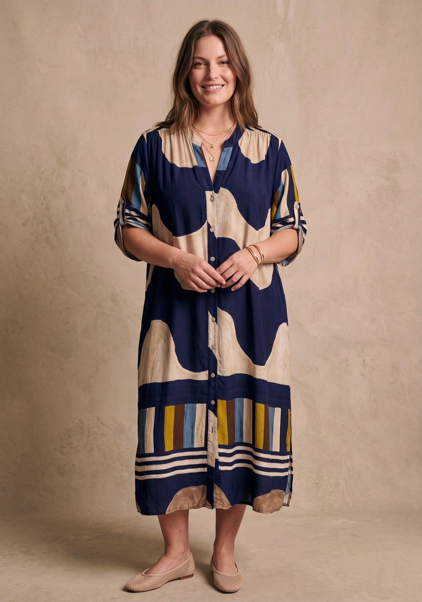 Curve - Robe chemise longue imprimée col tunisien manches 3/4 - Sola