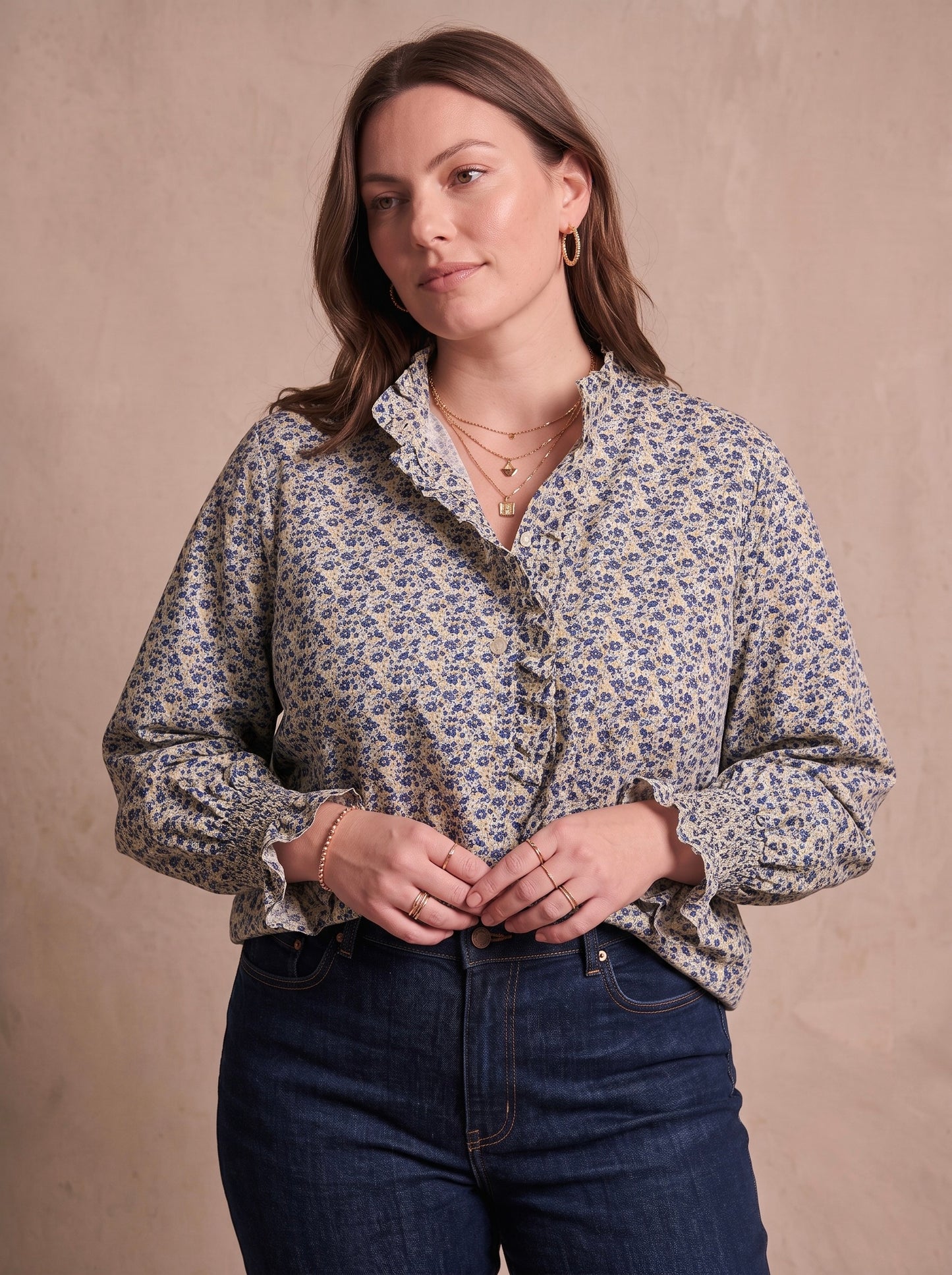 Curve - Chemise manches longues coton liberty col volanté  - Luz