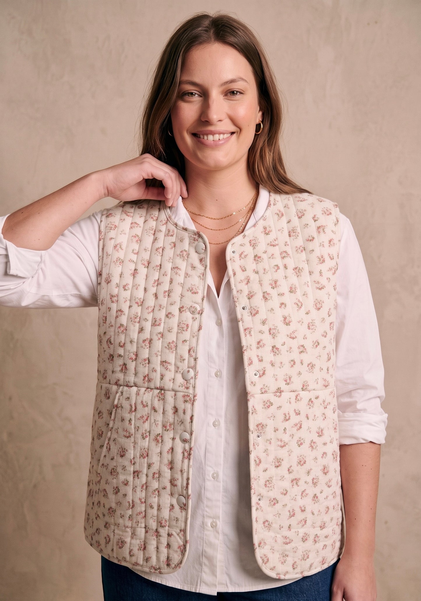 Curve - Veste matelassée sans manches gaze de coton imprimée fleurie col rond - Nathalie
