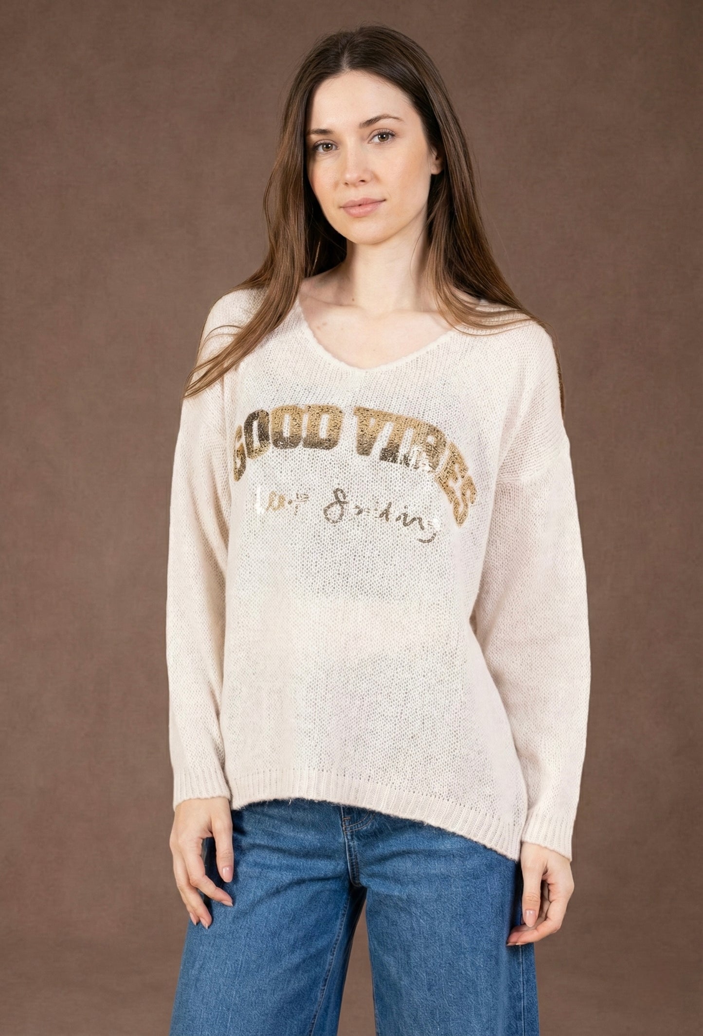 Pull col V "GOOD VIBES" en laine mohair - Lana