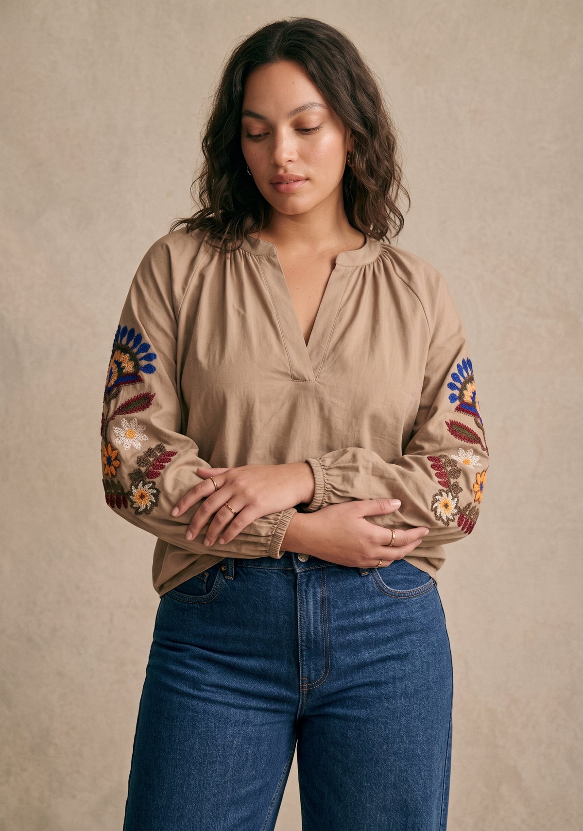 Curve - Blouse ample manches brodées col tunisien  - Alix