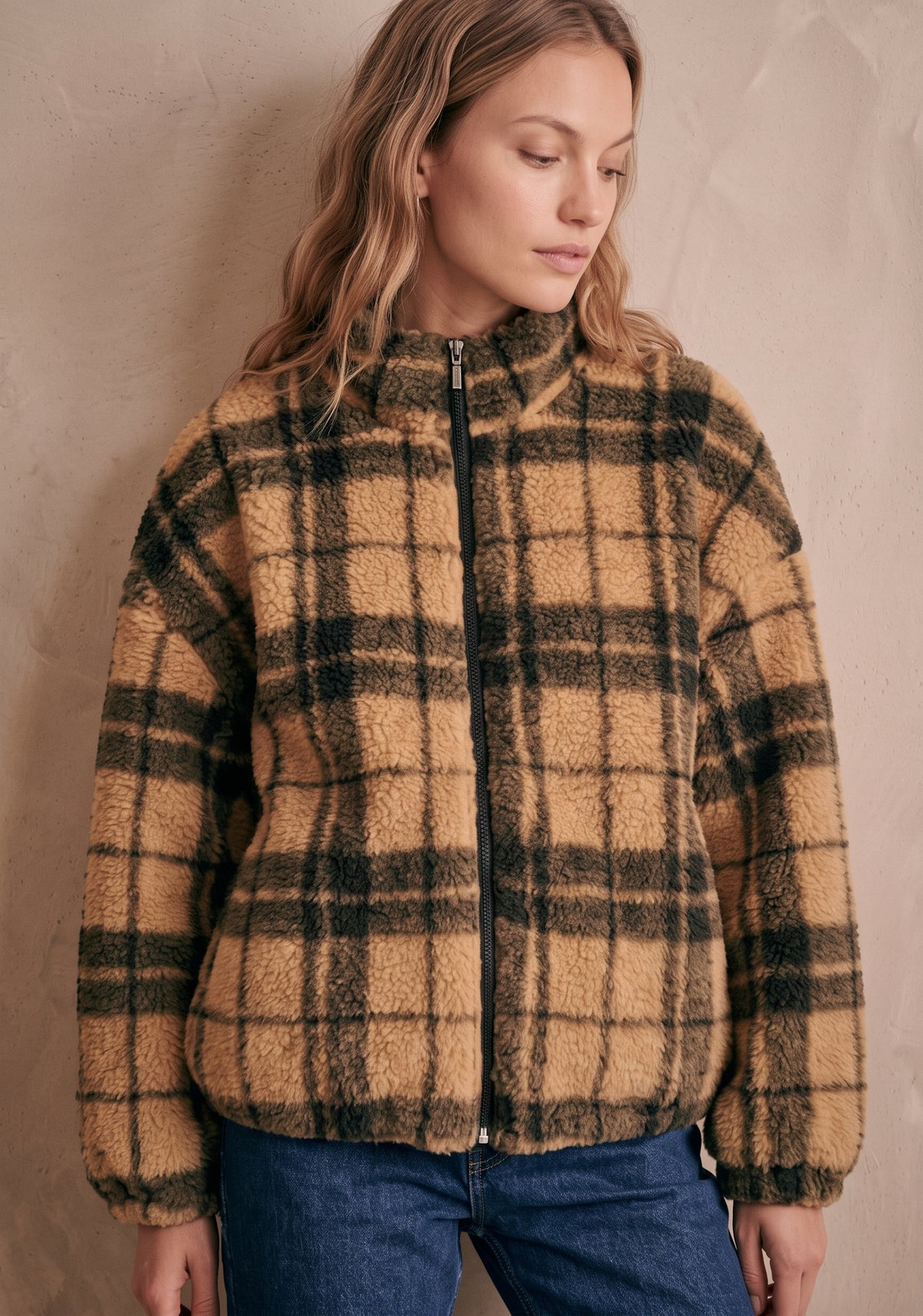 Veste sherpa zippée à carreaux col montant - James
