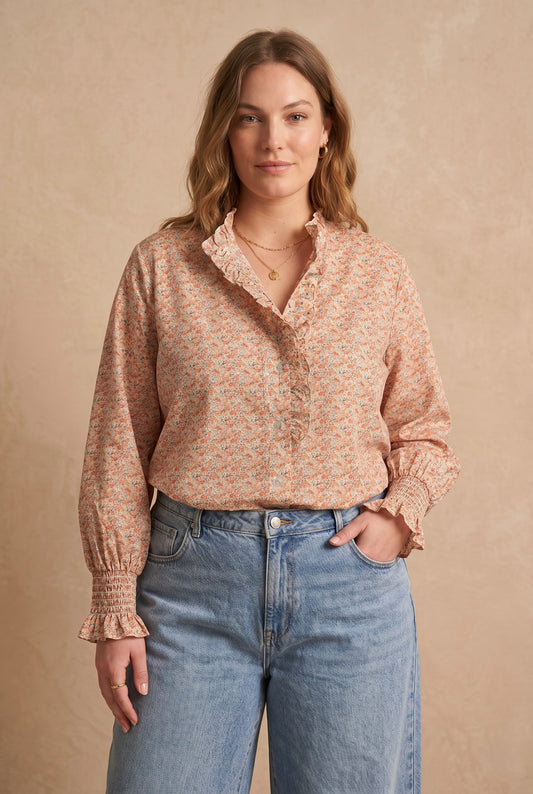 Curve - Chemise manches longues coton liberty col volanté  - Luz