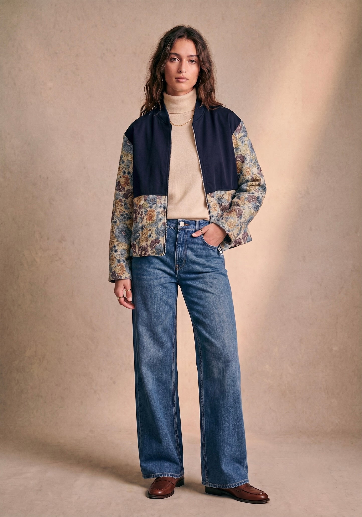 Veste bomber bi-matière imprimé fleuri col montant zippée en coton - Elena