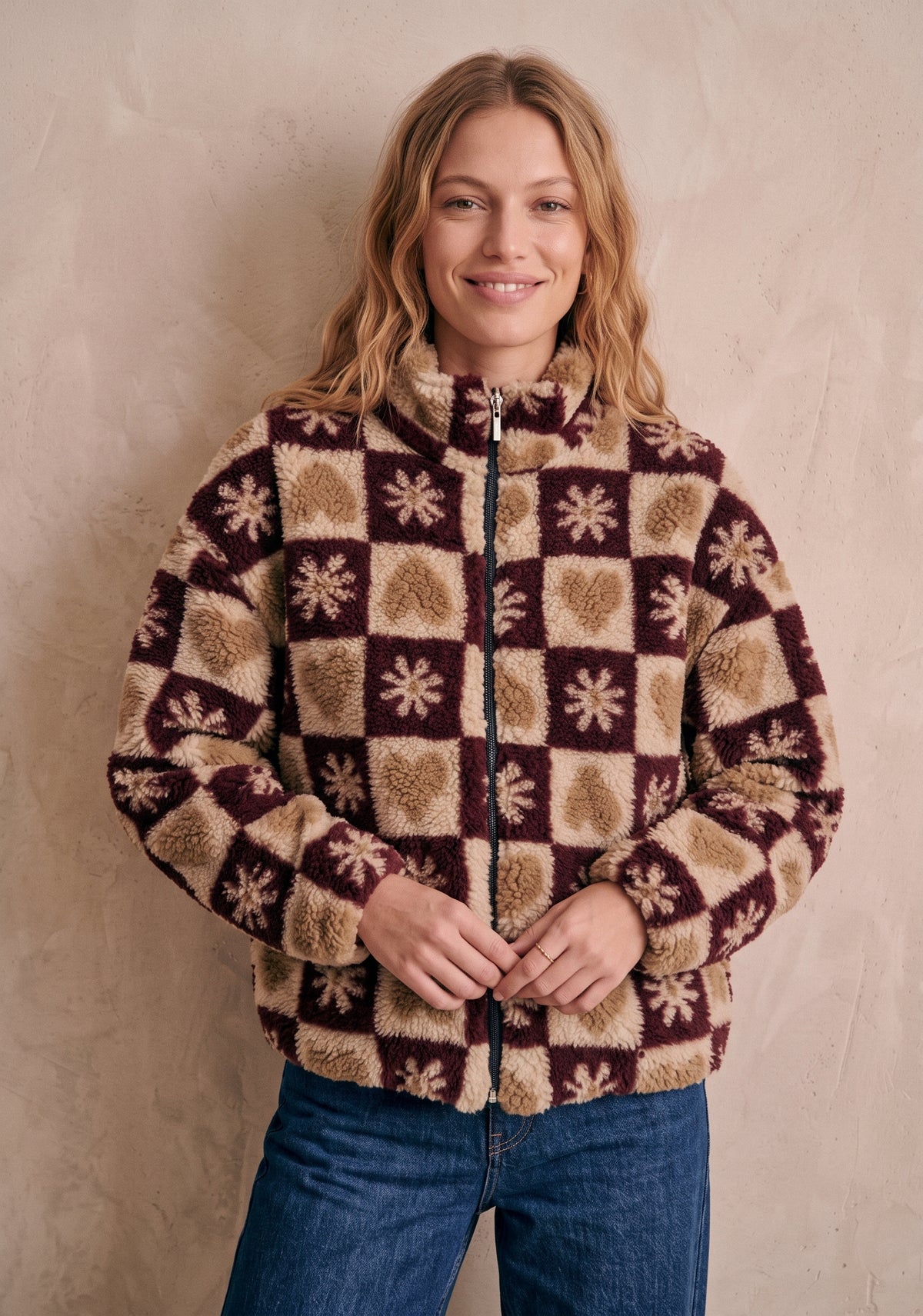 Veste sherpa zippée col montant damier cœurs et fleurs - Tom