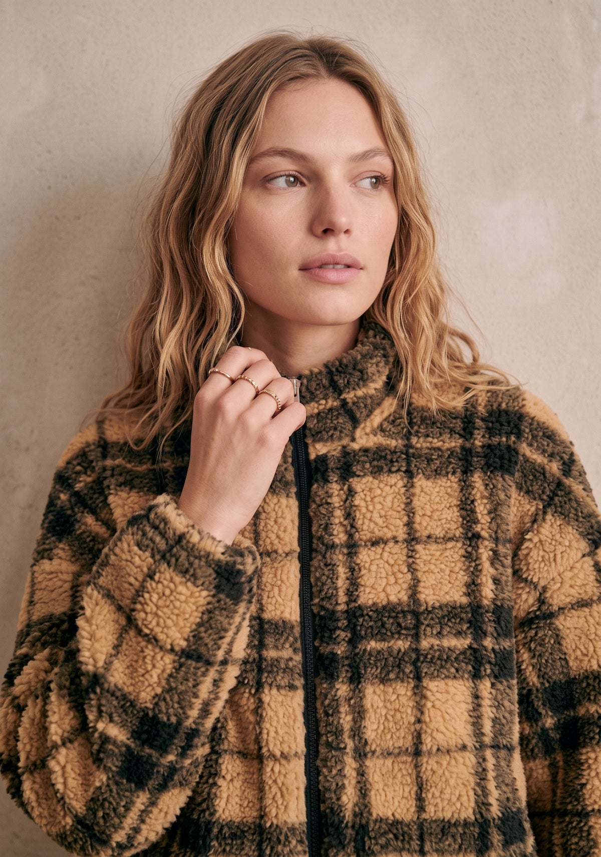 Veste sherpa zippée à carreaux col montant - James