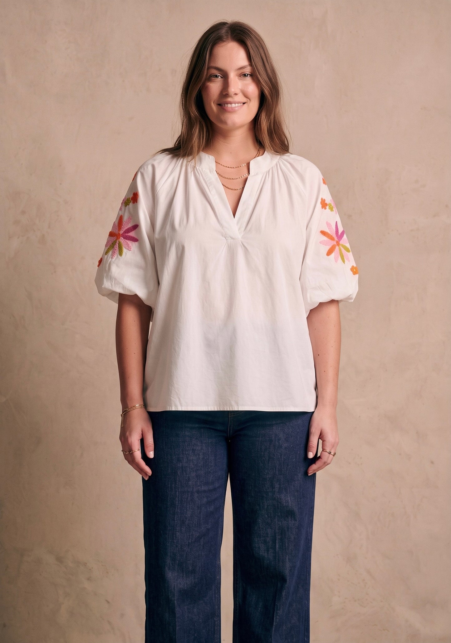 Curve - Blouse coton broderie florale col V manches courtes  - Paola