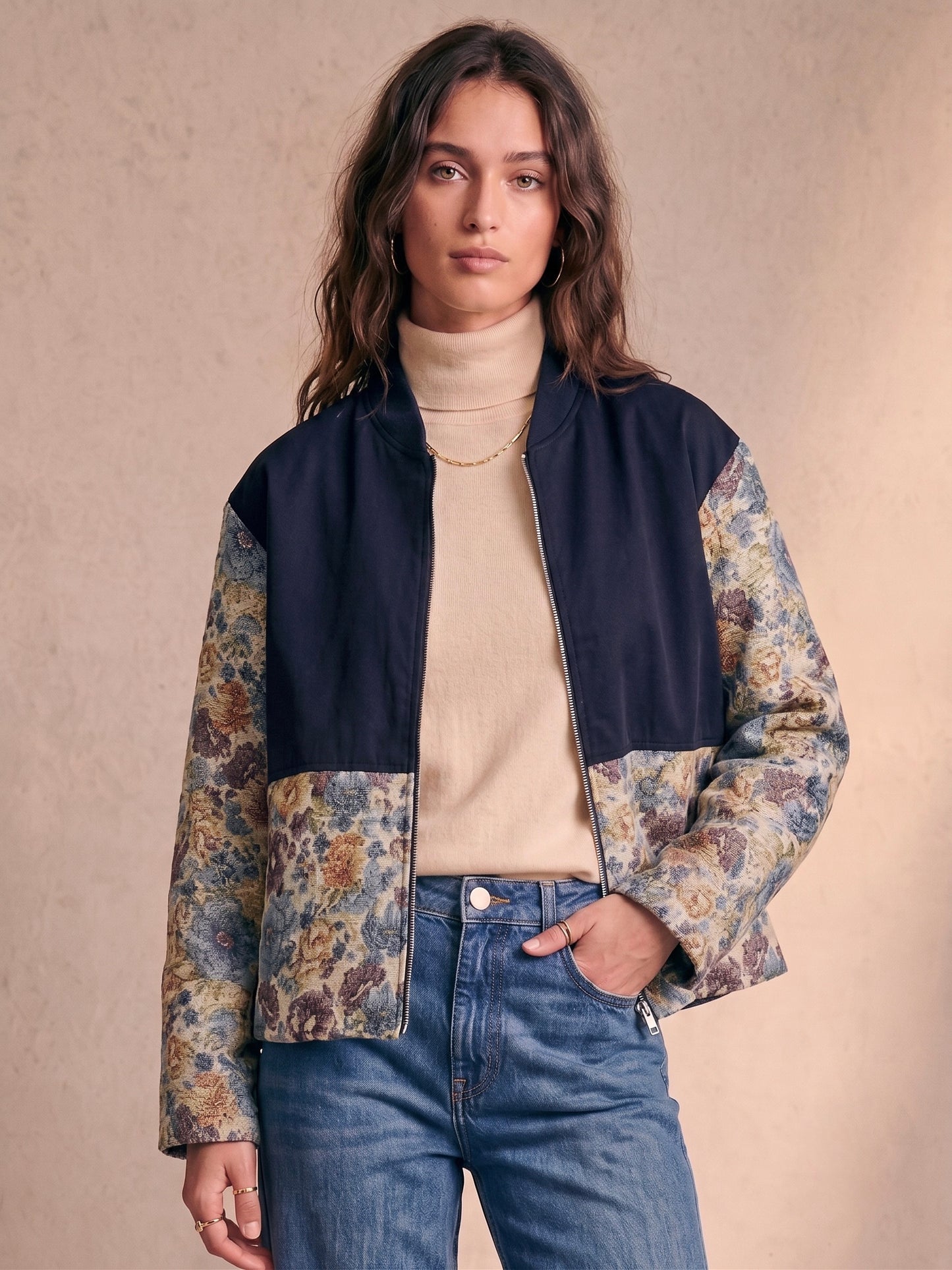 Veste bomber bi-matière imprimé fleuri col montant zippée en coton - Elena