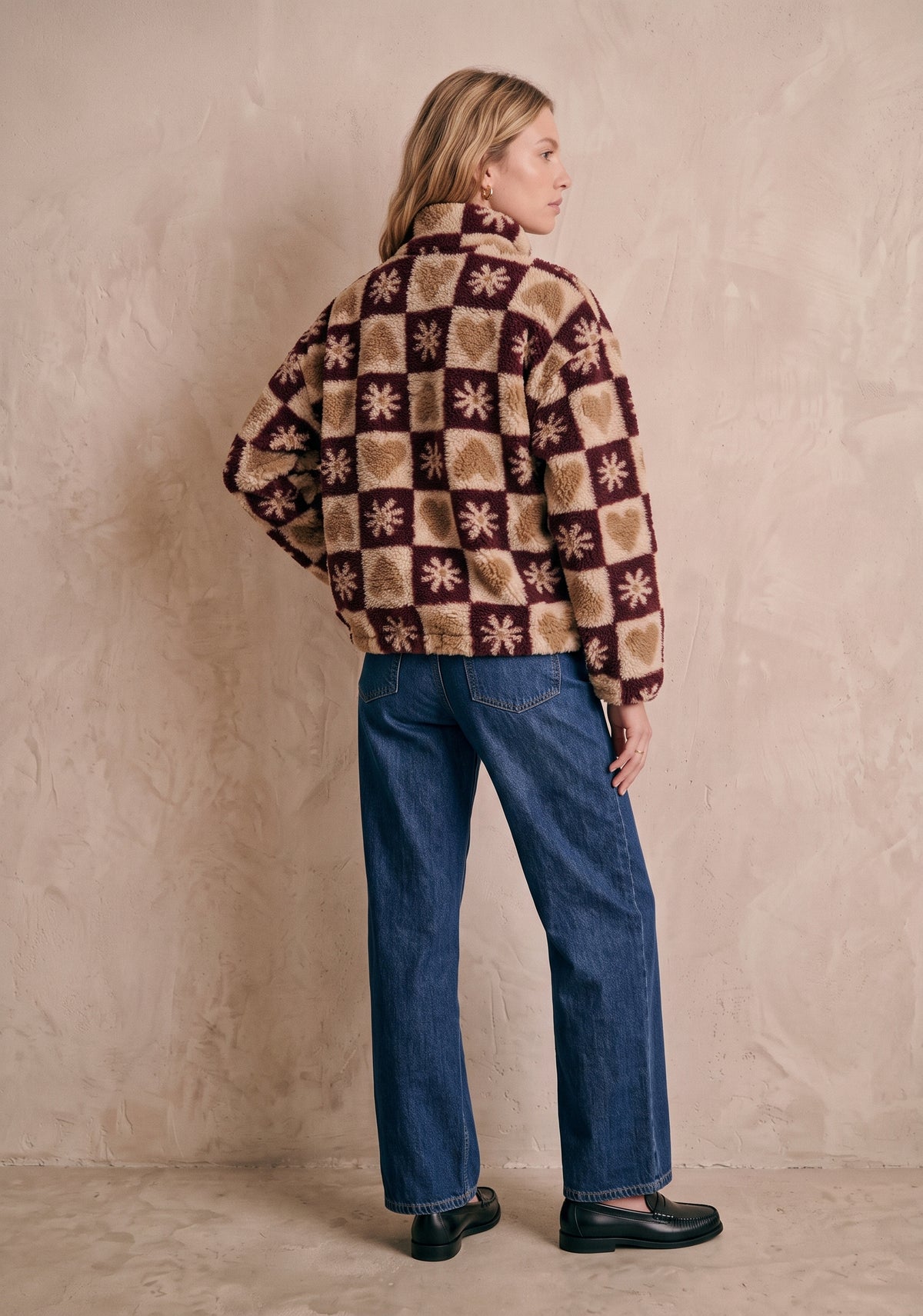 Veste sherpa zippée col montant damier cœurs et fleurs - Tom