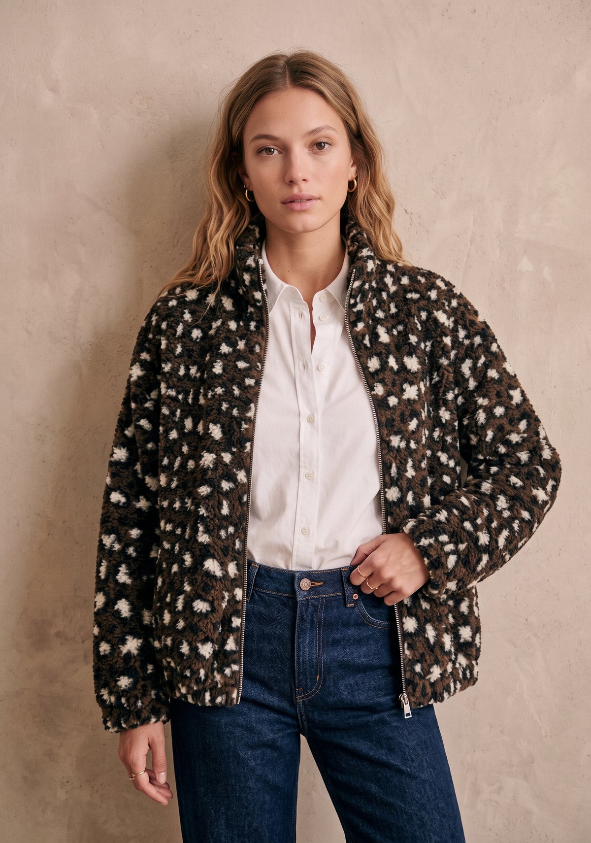 Veste sherpa zippée léopard col montant - Nelson