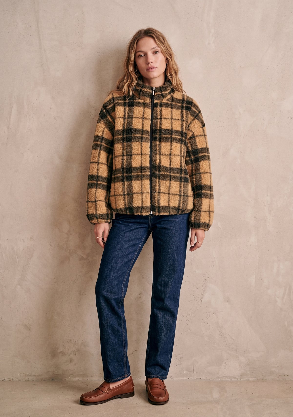 Veste sherpa zippée à carreaux col montant - James