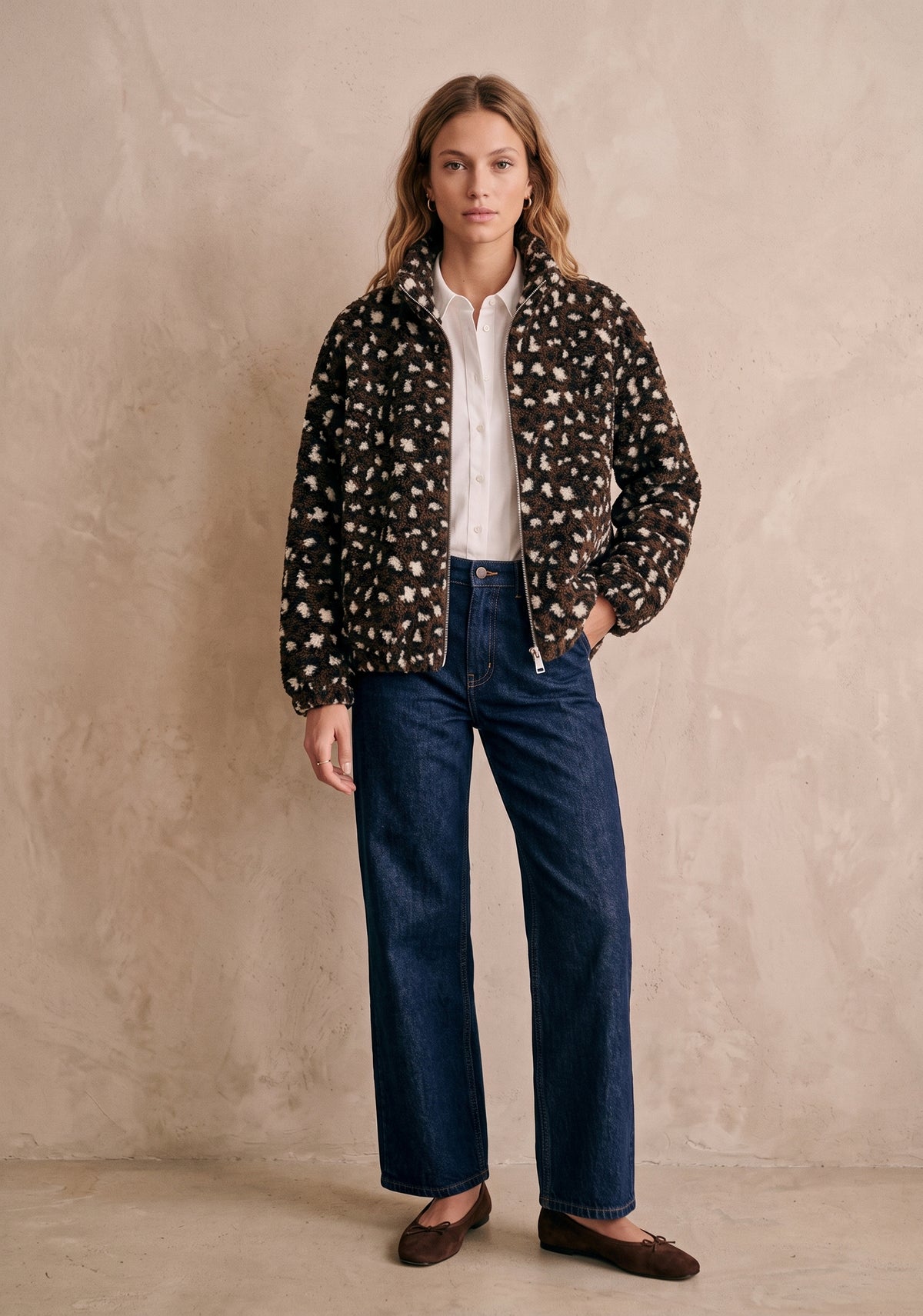 Veste sherpa zippée léopard col montant - Nelson
