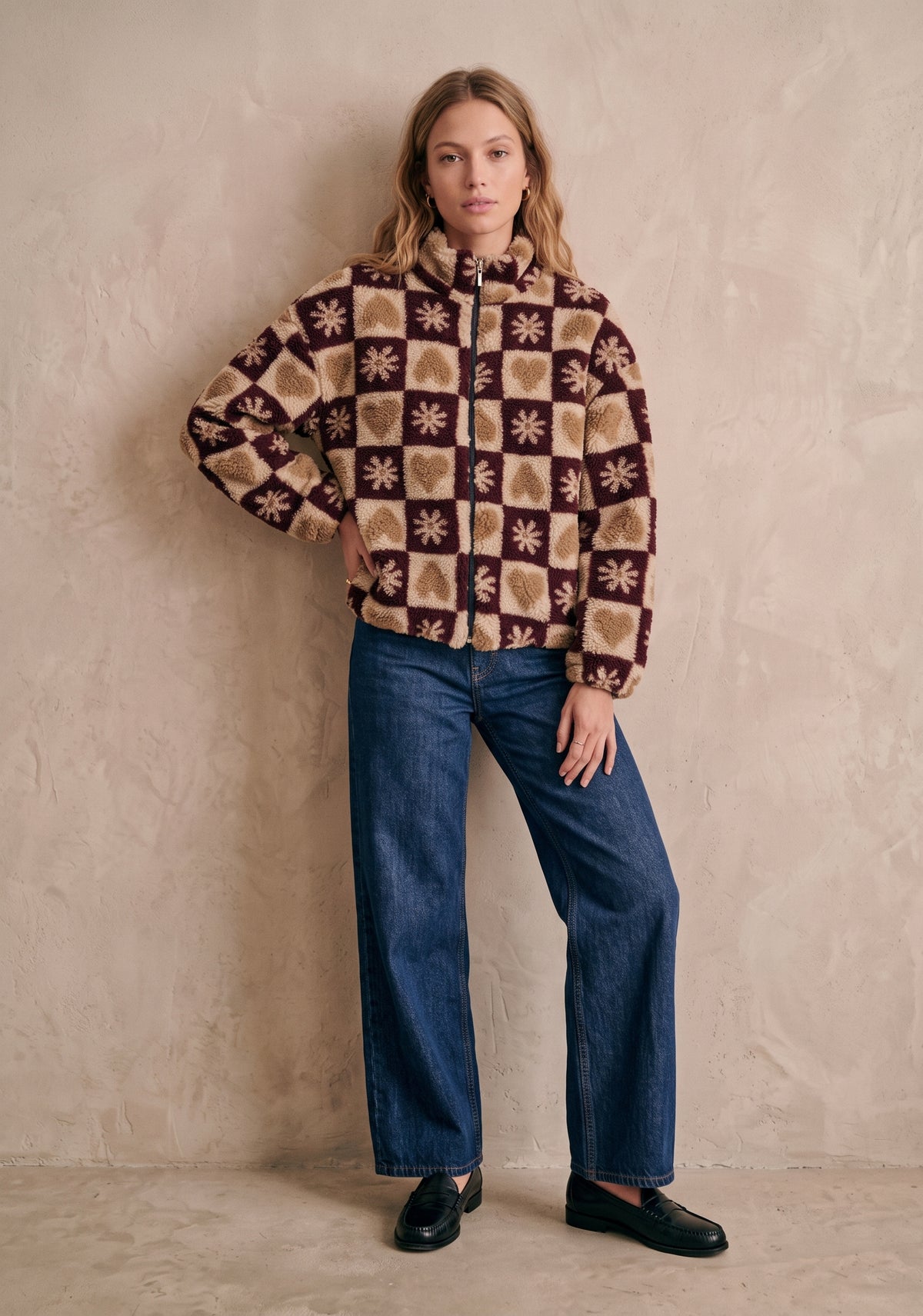 Veste sherpa zippée col montant damier cœurs et fleurs - Tom